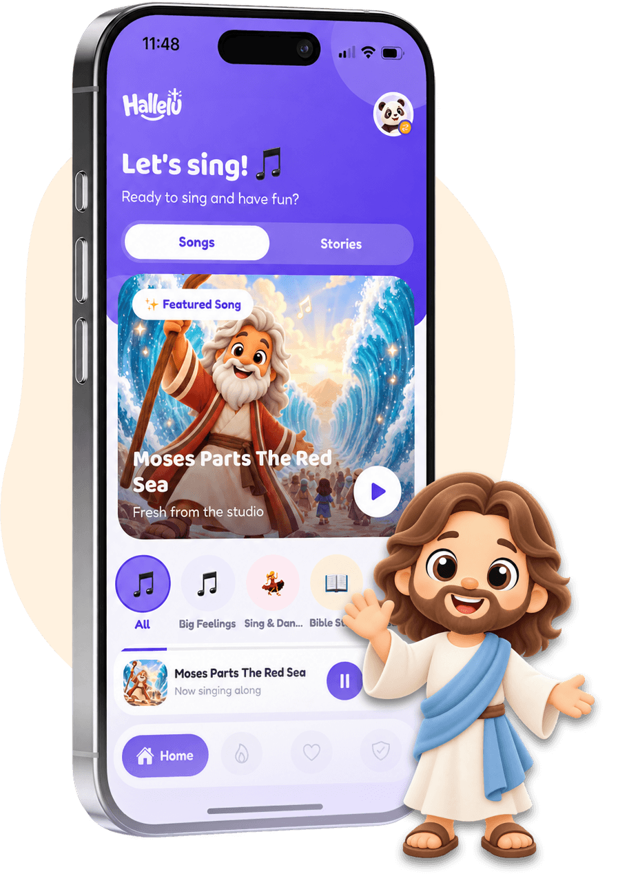 A phone showing the Hallelu app home screen with Moses Parts the Red Sea, next to the Jesus character waving