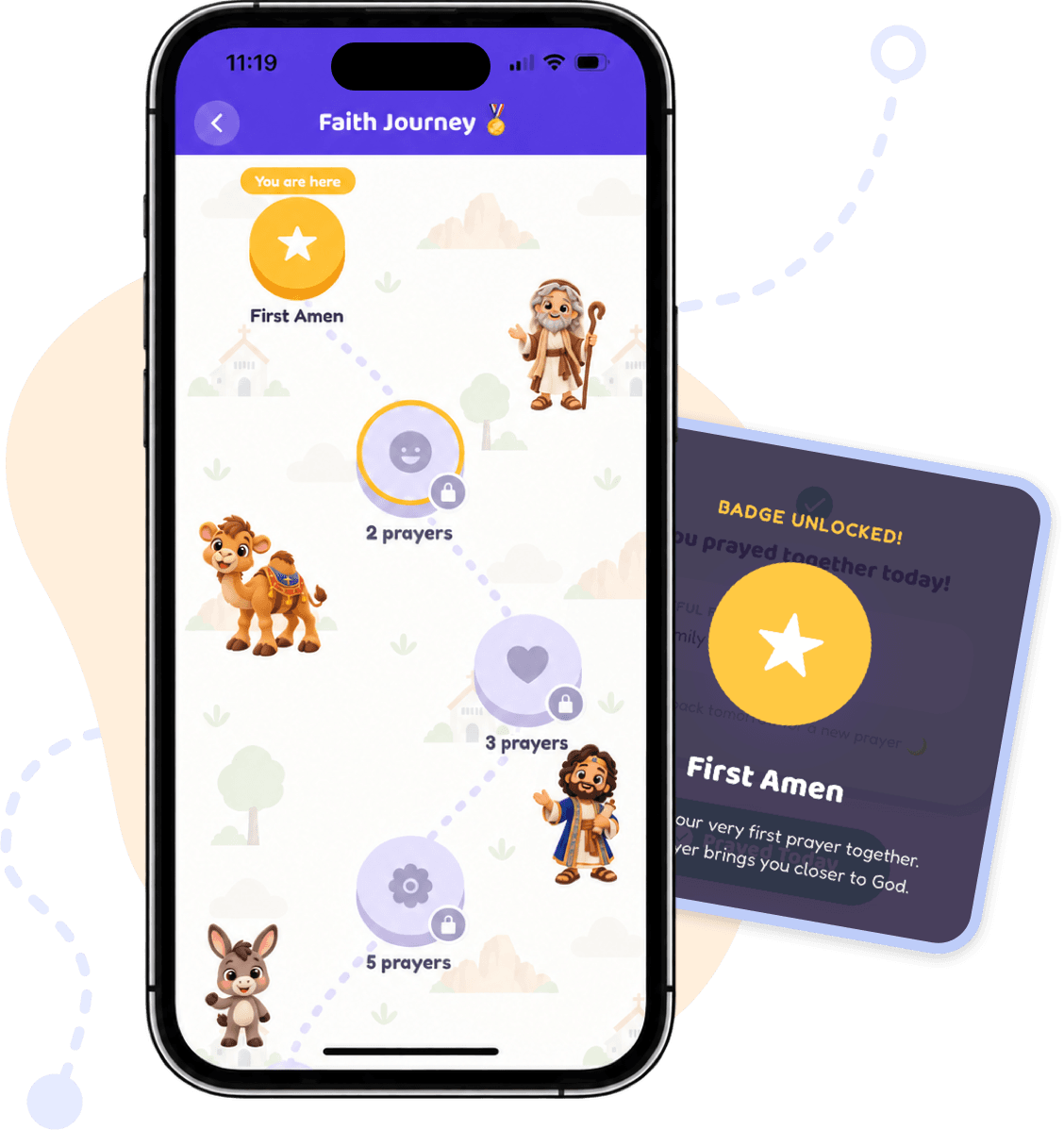 A phone showing the Faith Journey screen with a path of prayer milestones and a First Amen badge unlocked