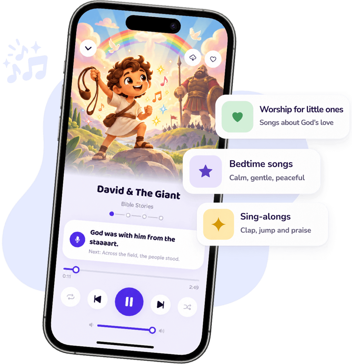 A phone playing the David and the Giant Bible story song, with cards for Worship for little ones, Bedtime songs and Sing-alongs