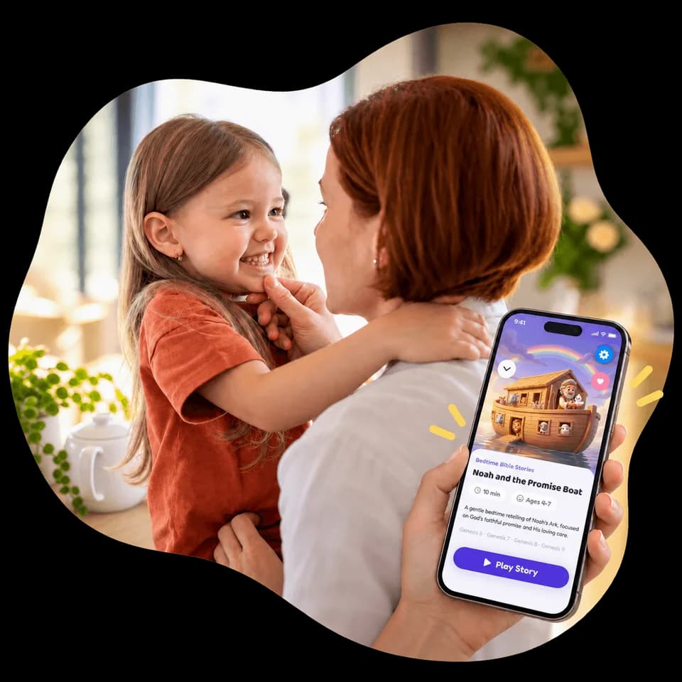 A mom holding her smiling daughter, with the Hallelu app open to the bedtime story Noah and the Promise Boat